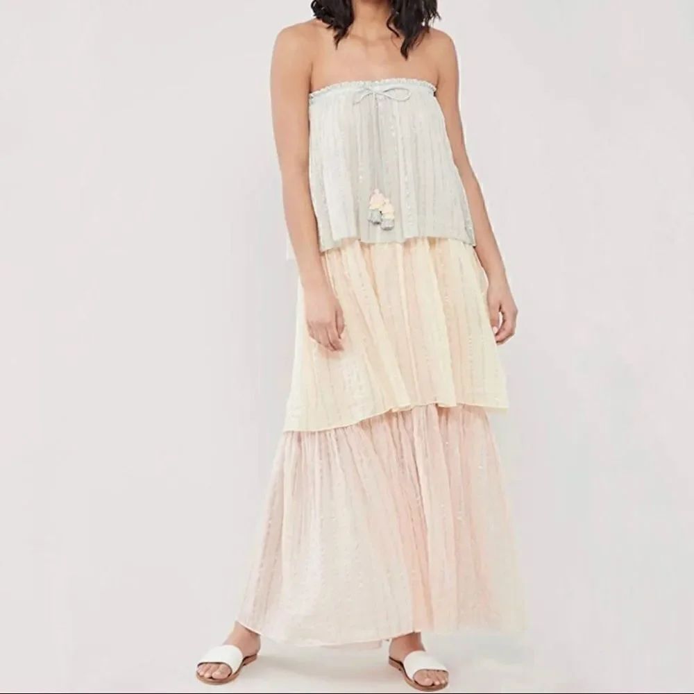 PQ Swim Golden Hour Briar Maxi Dress Swim Cover Strapless Block Tiers Pleated